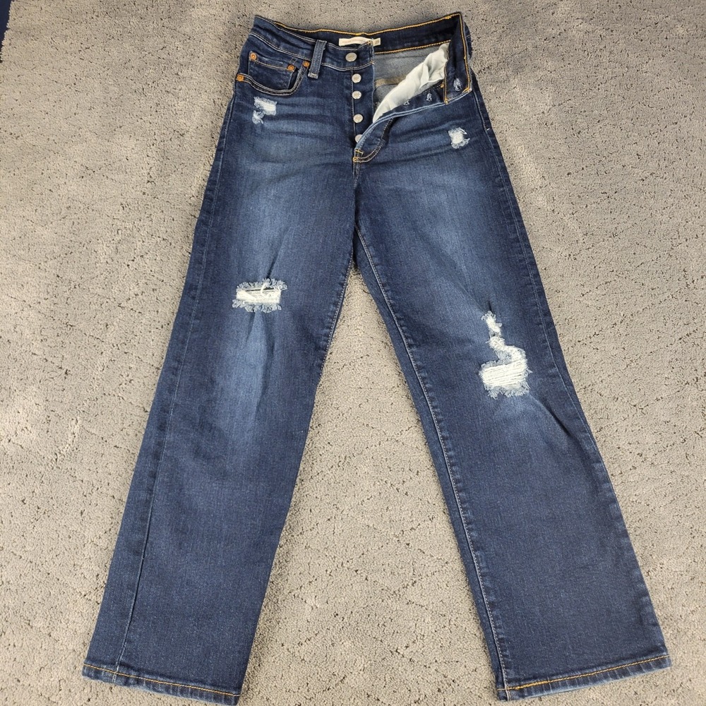 Levis Jeans Womens 25 Blue Ribcage Straight Ankle Button‎ Fly Distressed Stretch